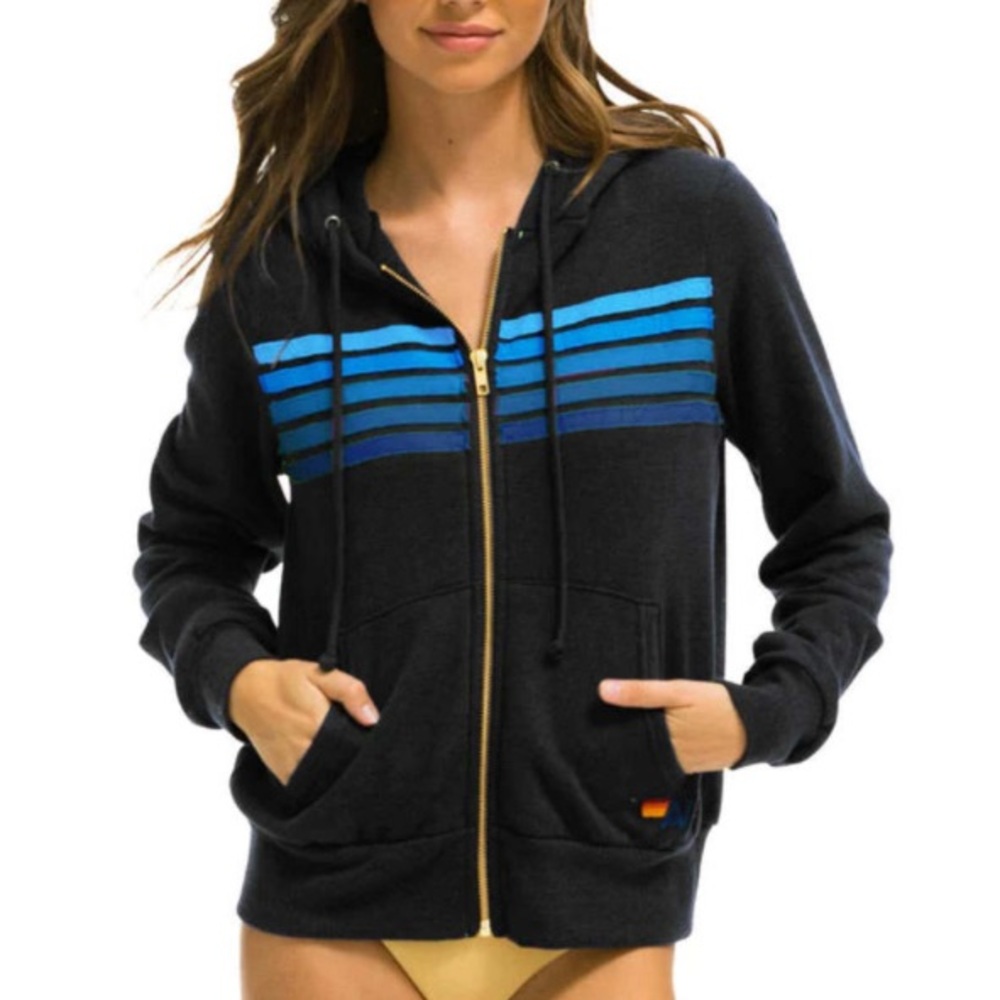 Aviator Nation 5 Stripe Zip Hoodie Sweatshirt